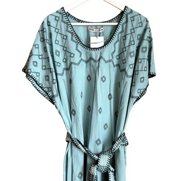 ZARA Bloggers Fav V- Neck Linen Embroidered Caftan Dress Tie Waist Size L NEW - Picture 13 of 13